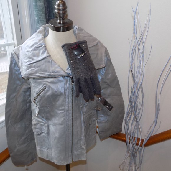 MIXIT Silver Distressed Genuine Leather Jacket and Grey Studded Gloves - Picture 4 of 5